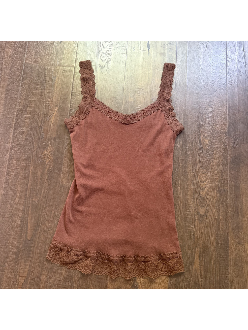Vintage Y2K PSSST Chocolate Brown Lace Trim Cotton Cami Tank Top S